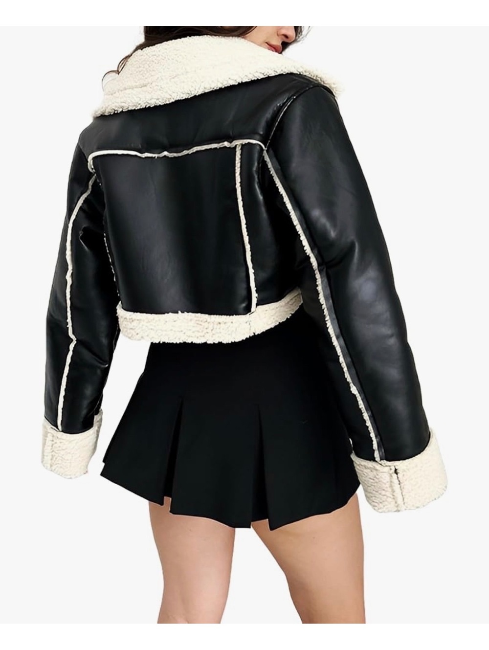 Cropped Black Faux Leather Jacket with Cream Sherpa Lining and Trim